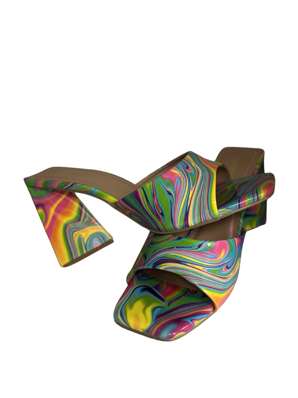 Bamboo Size 10 Psychedelic Rainbow Chunky Heel Mules- multicolor